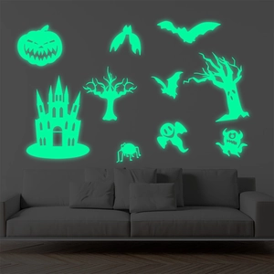 Luminous Halloween wall stickers featuring glowing pumpkins, bats, and castle decor