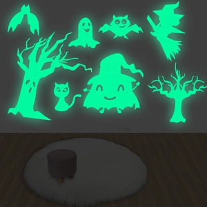 Luminous Halloween wall stickers featuring glowing ghosts, bats and witches for bedroom