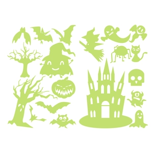 Luminous Halloween wall sticker set with glow in the dark witch castle and bat designs