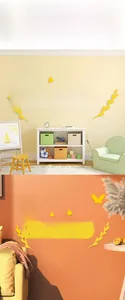 Detail showing high-gloss yellow acrylic HOME wall sticker with 3D butterfly elements