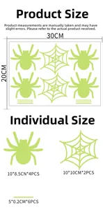 Detailed size chart of Halloween glow wall stickers with spider and web dimensions