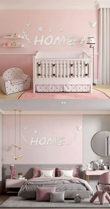 Macro detail of 3D silver mirror HOME wall stickers with butterfly and heart accents