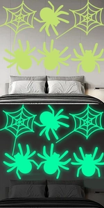 Luminous Halloween spider and web wall stickers shown in daylight and glowing at night
