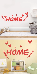 3D red acrylic HOME letter wall decals with heart and butterfly motifs for room decor