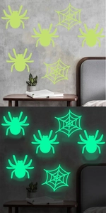 Luminous Halloween spider web wall stickers shown in daylight and dark glow effect