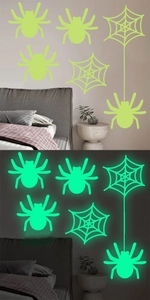 Luminous Halloween wall stickers showing contrast between daylight and night glow spider webs