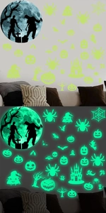 Stickers muraux Halloween fluorescents montrant l'effet lumineux entre le jour et la nuit