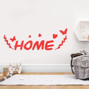 Red 3D mirror HOME wall stickers with hearts and butterflies for living room decor
