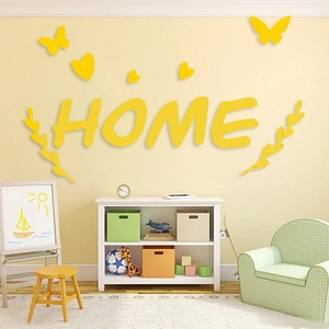Yellow 3D mirror HOME wall stickers with butterfly and heart patterns for cozy home decor
