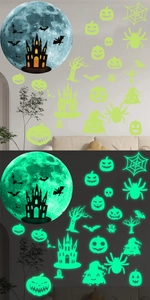 Stickers muraux Halloween fluorescents avec lune et château, vue de jour et de nuit éclatante