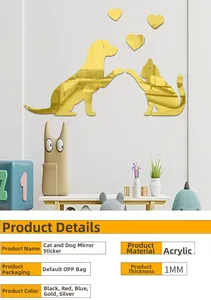 Detailed size specifications for acrylic cat and dog mirror stickers in various colors