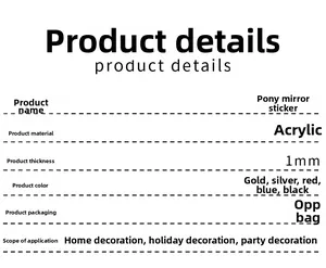 Detail showing acrylic pony mirror wall stickers specifications in various colors