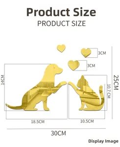 Detailed dimensions of gold acrylic mirror wall stickers featuring dog, cat and hearts shapes