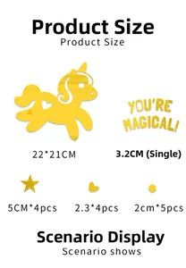 Size chart for yellow unicorn mirror wall decals with specific component dimensions