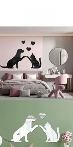 Detail of cartoon cat and dog acrylic mirror wall stickers in black and silver finishes
