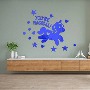 Blue unicorn mirror wall stickers with stars and magical quote for kids room decor