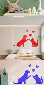 Detailed comparison of red and blue acrylic cat and dog mirror wall stickers for home decor