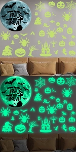 Stickers muraux Halloween fluorescents montrant l'effet de lune de jour comme de nuit