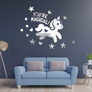 Cartoon Unicorn Heart Star Acrylic Mirror Wall Sticker With You Are Magical Lettering For Kids Room Nursery Home Decor