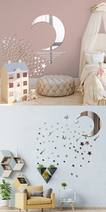 Détail de stickers muraux miroir lune et étoiles en acrylique dans une chambre d'enfant