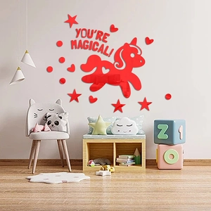 Red acrylic unicorn wall stickers with You are Magical text for kids room decor