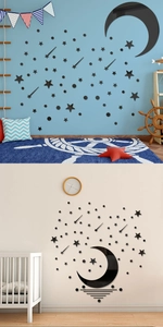 Vue détaillée de l'autocollant mural 3D en acrylique noir lune et étoiles pour enfants