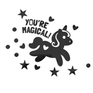 Detail of black acrylic horse mirror wall stickers with You're Magical text and stars