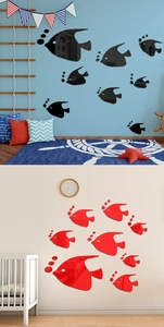 Detail von 3D-Acryl-Spiegelfisch-Wandaufklebern in Schwarz und Rot für die Dekoration
