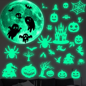 Autocollants Muraux Lune Lumineuse Halloween PVC Lumineux Dans Le Noir Chauve-souris Citrouille Fantôme Décoration De Fête