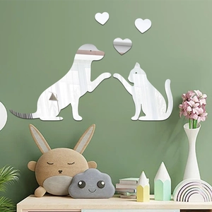 Acrylic Cat Dog Heart Mirror Wall Stickers 3D Animal Mirror Surface Decals For Bedroom Living Room Bathroom Home Decor