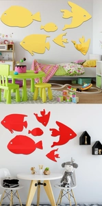 Detailansicht bunter Fisch-Spiegelwandaufkleber für kreative Kinderzimmer-Wanddekoration