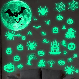 Stickers muraux Halloween fluorescents avec lune, chauves-souris et fantômes pour chambre