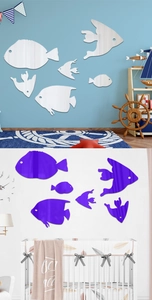 Selbstklebende Fisch-Spiegelwandaufkleber in Silber und Lila für maritime Wanddeko