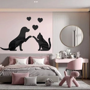 Black acrylic mirror wall stickers featuring a cute cat and dog heart silhouette design
