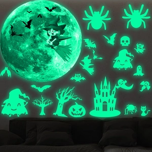 Stickers muraux Halloween luminescents avec lune, sorcière et chauves-souris pour déco