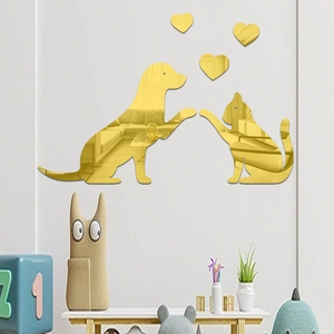 Golden acrylic mirror wall stickers featuring cat dog silhouettes and hearts for home decor
