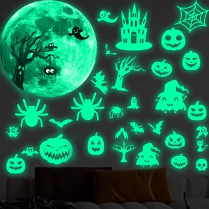 Stickers muraux Halloween lune avec château, fantôme et citrouille fluorescents