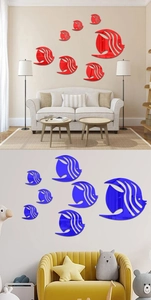 Detail von roten und blauen 3D-Spiegel-Fisch-Wandtattoos für Wohn- und Kinderzimmer