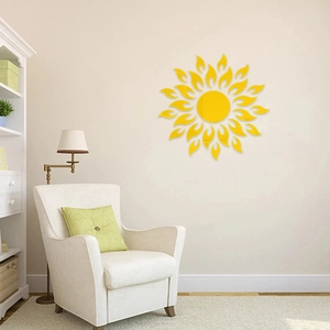 Detail of sunflower mirror wall decal in yellow acrylic on a minimalist living room wall