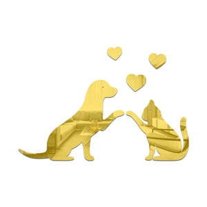 Golden acrylic mirror wall stickers with cat, dog and hearts for home wall decoration
