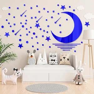 Stickers muraux miroir en acrylique bleu avec étoiles et lune pour chambre d'enfant