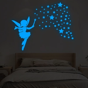 Im Dunkeln Leuchtende Fee Und Sterne Wandaufkleber Für Kinderzimmer Schlafzimmer Blau Fluoreszierende Leuchtende Silhouette DIY Wandtattoo Hausdekoration