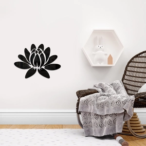 3D black acrylic lotus mirror wall sticker in a minimalist Nordic living room setting