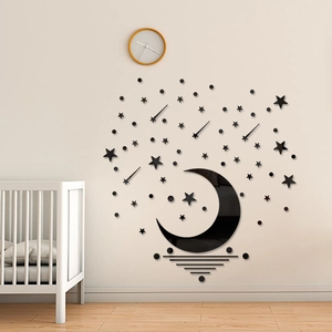 Stickers muraux modernes lune et étoiles noires en acrylique pour chambre d'enfant