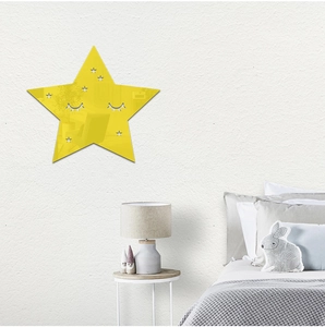 Close-up of yellow star mirror wall sticker with a cute smiley face for kids' rooms