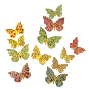 Set di 11 adesivi murali a farfalla 3D traforati e colorati con trama metallica decorativa