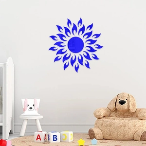 Blue sunflower mirror wall stickers for living room decor with a creative sun flame pattern