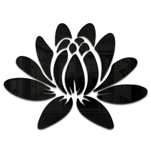 Detailed view of black acrylic lotus mirror wall sticker with glossy 3D reflective finish