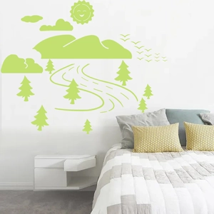 Luminous landscape wall stickers with green mountains and sun for children room decor
