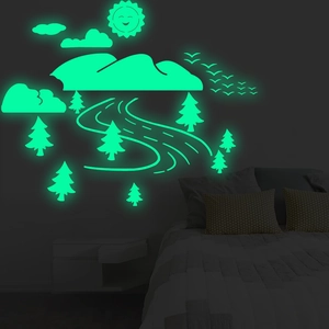 Glow in the dark landscape wall stickers featuring sun, trees and mountains for kids room